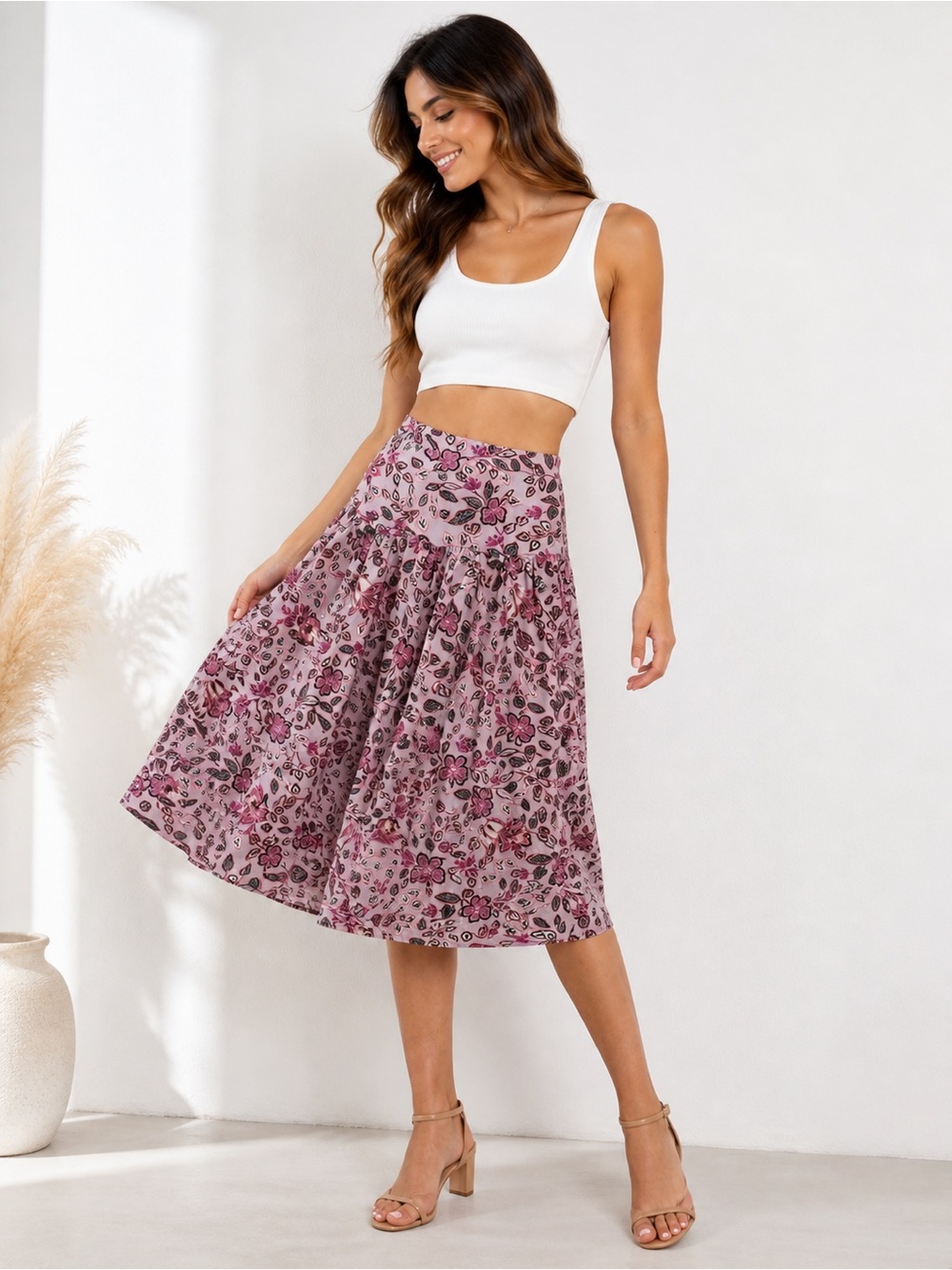 Ann Taylor Pink Floral A-Line Midi Skirt Lined Back Zip Size 2